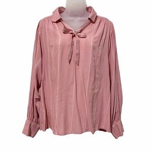 NEW a.n.a Pink Striped Balloon Sleeve Tie Neck Top